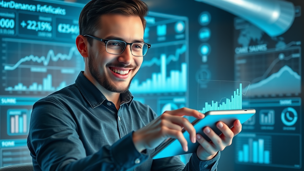 Motivated entrepreneur setting up cash flow system on digital tablet demonstrating money systems in small business finance trends