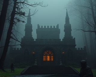 mythic building legacy, mysterious, veiled in secrecy, photorealistic, in a fog-laden forest, highly detailed, with mystical creatures lurking, ancient carvings, dark and moody blacks and greens, dimly lit by lanterns, shot with a 105mm micro lens.