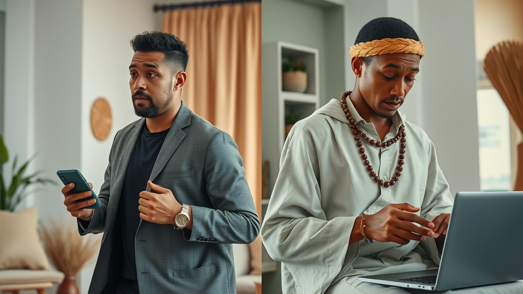 two individuals: one rushed with technology and one performing ancestral morning ritual, highlighting difference between productive morning routine and sacred practices