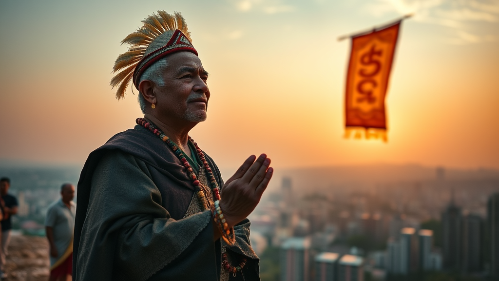 influential leader leading morning ritual at sunrise, blending productive morning routine with ancestral tradition