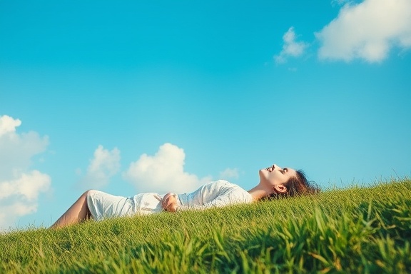 vision dream, peaceful expression, envisioning futures, photorealistic, lying on a grassy field under a clear blue sky, highly detailed, clouds slowly drifting by, soft pastel colors, gentle diffused lighting, shot with a 28mm lens.