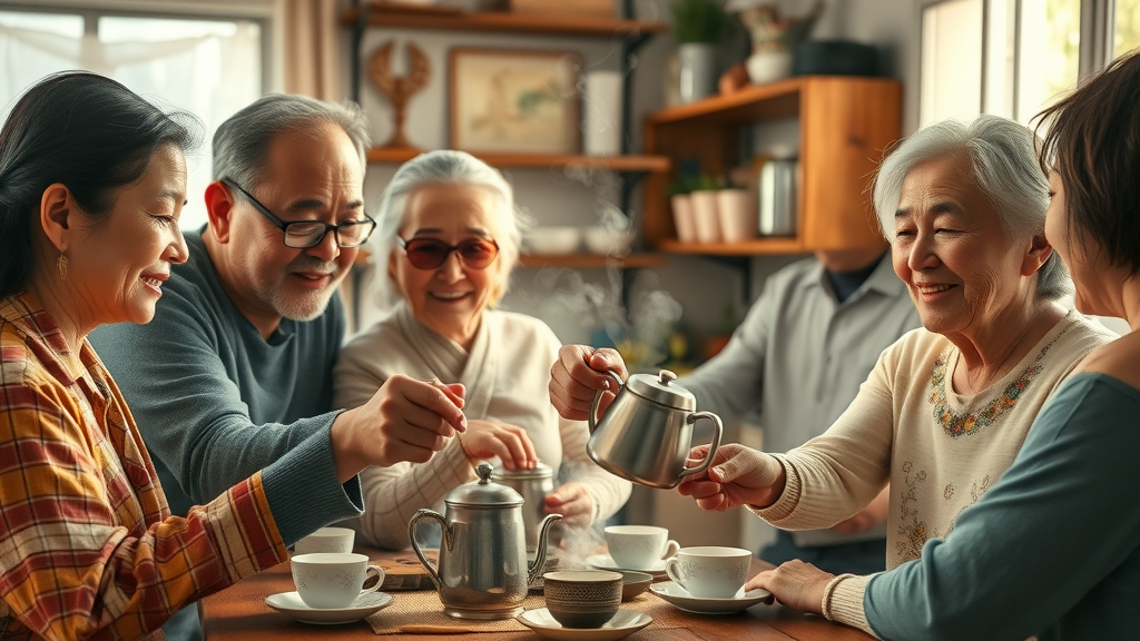 multi-generational family performing morning tea ceremony, showing heritage in morning routine