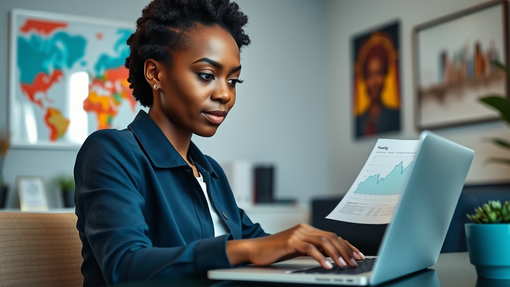 focused African businesswoman, analyzing funding charts, entrepreneurship tips for African women