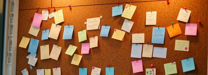 visionboard inspiration, thoughtful expression, pinning up inspirational quotes, photorealistic, large cork board with vibrant pins and notes, highly detailed, slight motion of paper clippings, pastel shades, ambient evening lighting, shot with a 24mm lens.