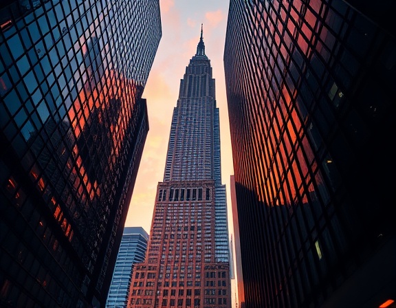 iconic building legacy, awe-struck, reaching for the skies, photorealistic, framed by towering modern skyscrapers, highly detailed, with light reflecting on glass, multi-textured surfaces, vibrant colors, dramatic sunset lighting, shot with a 70-200mm telephoto lens.