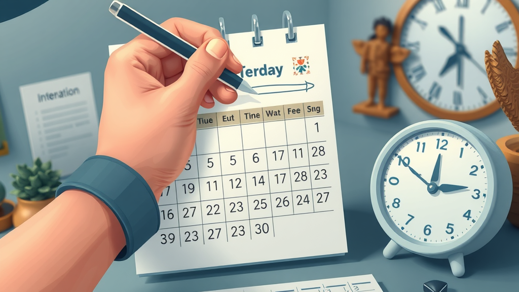 close-up of calendar with heritage symbols and morning routine intention notes for time management