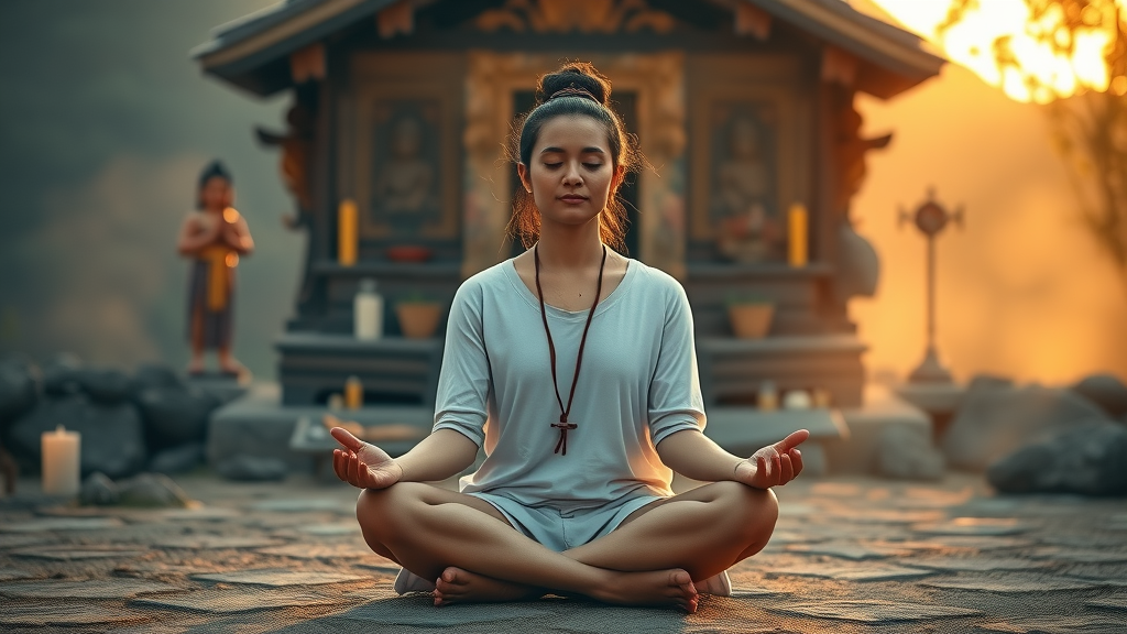 creating morning practices that connect you to purpose beyond productivity metrics in meditation at ancestral shrine, candles, and cultural artifacts