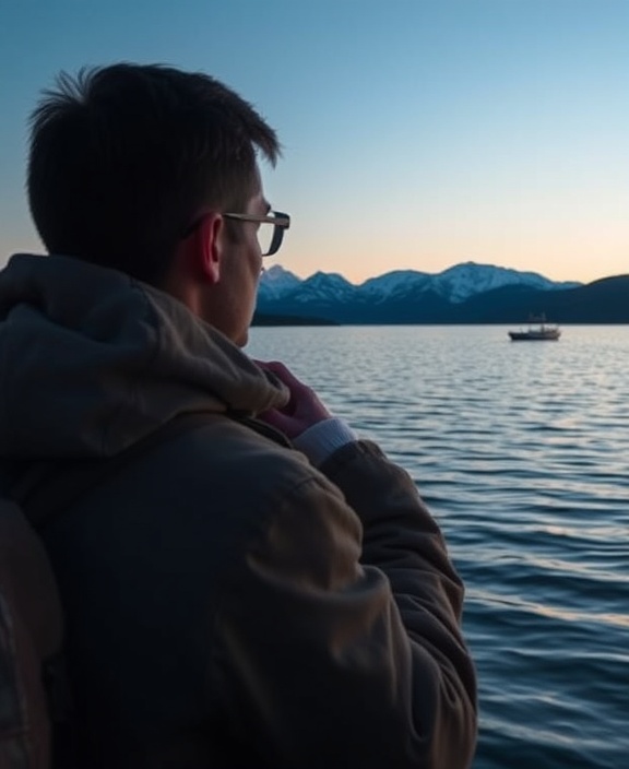 journey explorer, reflective, observing, photorealistic, tranquil lakeside with distant snow-capped hills, highly detailed, gentle ripples and a solitary boat, medium format sharpness, cool hues, soft twilight lighting, shot with a 105mm lens.