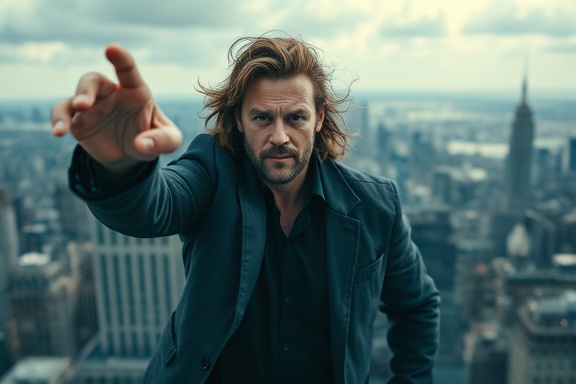 vision ambition, bold expression, reaching forward, photorealistic, standing on a skyscraper rooftop with panoramic city views, highly detailed, wind gently tousling hair, deep blues and greys, strong contrast lighting, shot with a 50mm lens.