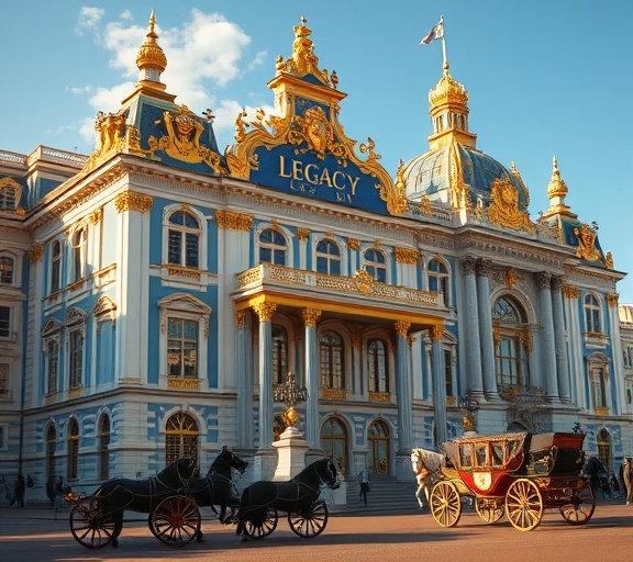 baroque legacy building, luxuriant, ornate detailing, photorealistic, surrounded by grandeur, highly detailed, with carriages passing by, rich embellishments, royal blues and gold, lavish afternoon light, shot with a 55mm f/1.2 lens.