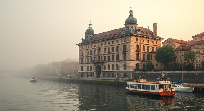 historic legacy building, serene, echoing stories of old, photorealistic, by a tranquil riverbank, highly detailed, with boats floating nearby, weathered stone, pastel shades, early morning mist, shot with a 85mm prime lens.