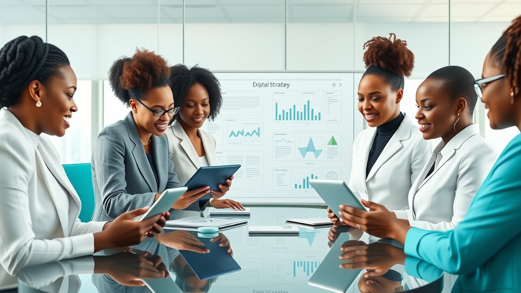 Dynamic team of African women executives discussing digital strategy over tablets and laptops in a high-tech conference room.