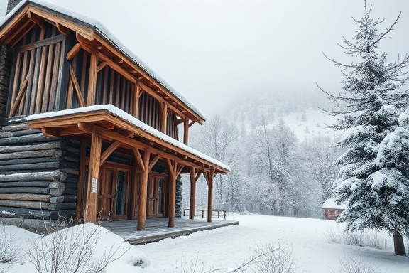 sturdy 360 construction, enduring, weathering eras, photorealistic, nestled within a snowy landscape, highly detailed, with snow falling gently, solid timber framework, cool whites and grays, overcast daylight, shot with an 80mm macro lens.