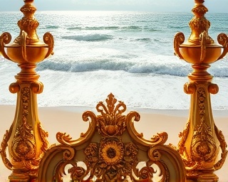 elaborate legacy design, ornamental, showcasing opulence, photorealistic, contrasted against a sunny beach, highly detailed, with waves crashing in the distance, gilded and polished, soft golds and blues, direct sunlight, shot with a 24-70mm standard zoom lens.