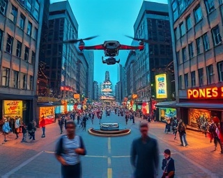 avant-garde 360 legacy, daring, challenging conventions, photorealistic, amidst a buzzing city square, highly detailed, with drones flying overhead, angular modernism, bright neon colors, evening neon lights, shot with a 20mm pancake lens.