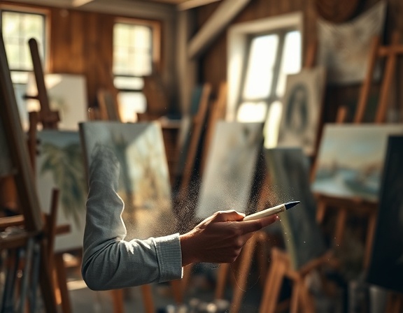 vision creativity, thoughtful expression, sketching ideas, photorealistic, in an artist's studio filled with canvases and paints, highly detailed, dust particles floating in the sunrays, muted earth tones, soft ambient lighting, shot with a 85mm lens.