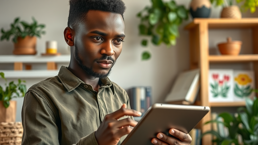 Curious young African farmer researching agriculture using tablet indoors