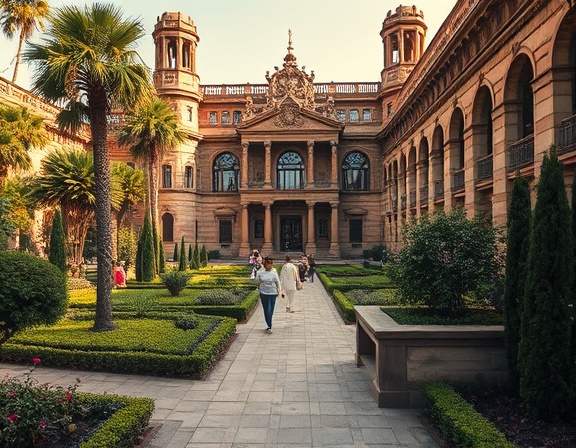 grand legacy design, contemplative, showcasing its history, photorealistic, surrounded by lush gardens and pathways, highly detailed, with people walking by, intricate patterns, warm earth tones, ambient afternoon light, shot with a 50mm prime lens.