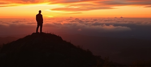 renowned 360 legacy, visionary, inspiring future generations, photorealistic, perched atop a hill overlooking a valley, highly detailed, with clouds casting shadows below, majestic silhouette, vibrant reds and oranges from the sunset, shot with a 200mm long-focus lens.