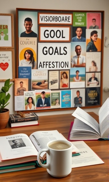 visionboard motivation, intense focus, arranging goal images and affirmations, photorealistic, tabletop with motivational books and a mug of coffee, highly detailed, slight movement from gentle breeze, vibrant hues, overhead lighting, shot with a 35mm lens.