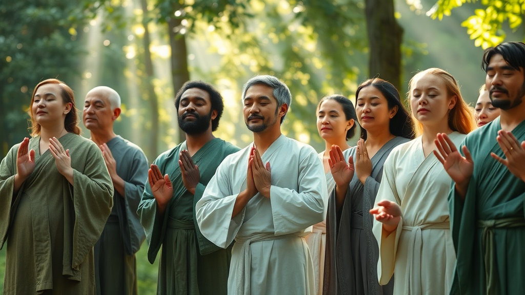 diverse group in traditional attire practicing mindful morning habits in ancient forest, highlighting ancestral wisdom