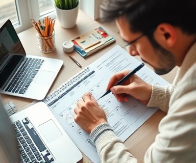 visionboard planning, determined expression, sketching on a calendar, photorealistic, study desk with an open laptop and stationery, highly detailed, subtle dynamic of pen strokes, calm neutrals, diffused daylight, shot with an 85mm lens.