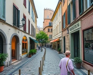 visionary paths, serene, walking, photorealistic, cobblestone streets of a quaint European village, highly detailed, bustling with locals and street performers, slow shutter speed to capture movement, pastel colors, overcast diffused lighting, shot with a 24mm lens.