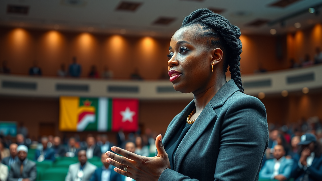 authoritative African business leader speaking at technology summit, digital transformation for African entrepreneurs with African flags
