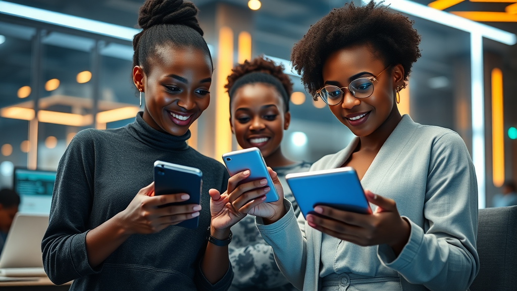 tech-savvy African women collaborating with digital devices, empowering small business success, women entrepreneurs