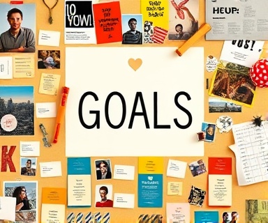 visionboard goals, hopeful expression, gluing images of success and dreams, photorealistic, collage wall surrounded by inspirational artifacts, highly detailed, gentle sway of paper edges, bright colors, focused spot lighting, shot with a 70mm lens.