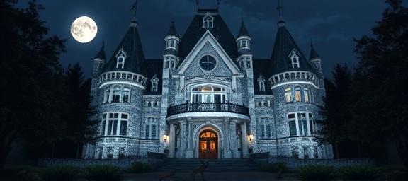 prestigious legacy building, ambitious, commanding attention, photorealistic, bathed in moonlight and surrounded by a forest, highly detailed, with deer grazing in the foreground, timeless stonework, silver and midnight blue, moonlit night, shot with a 55mm lens.