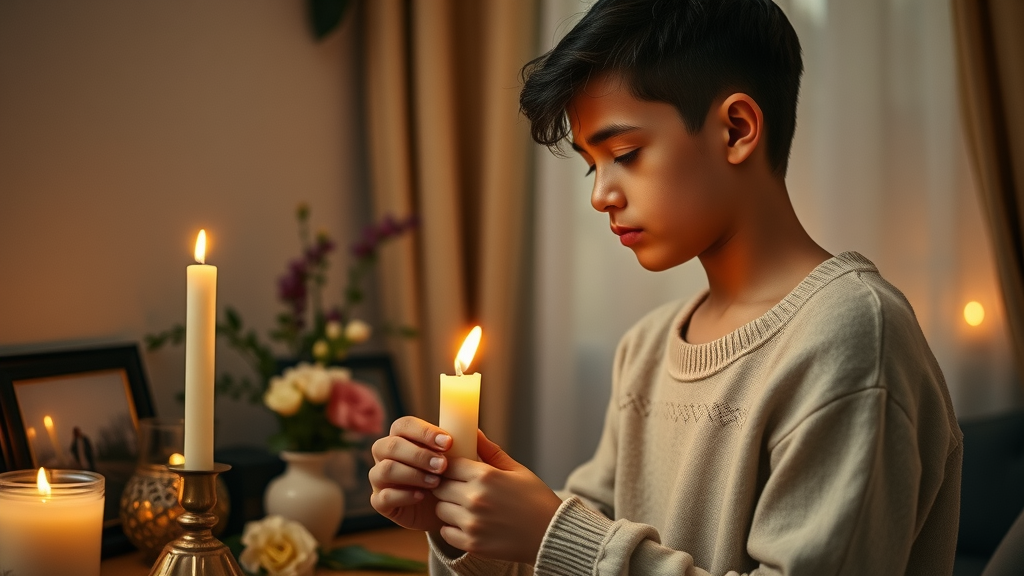 young individual lighting candle at home altar to create sacred morning routine