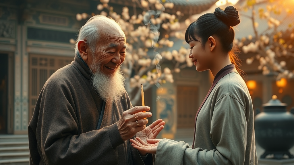 elder teaches younger person a meaningful morning ritual, effective morning routine inspired by ancestral tradition