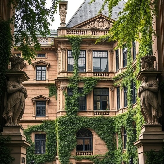 ornate building legacy, grand, standing the test of time, photorealistic, bordered by regal sculptures, highly detailed, with ivy creeping up the walls, classical elegance, deep greens and browns, dappled light, shot with a 50-150mm zoom lens.
