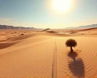 journey visionaries, determined, navigating, photorealistic, wide desert landscape with distant mountains, highly detailed, swirling sand and a lone tumbleweed, ISO 100, warm earth tones, harsh midday sun casting long shadows, shot with a 50mm lens.