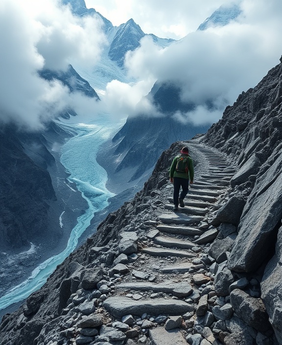 visionary quest, adventurous, ascending, photorealistic, steep rocky mountain trail, highly detailed, clouds swirling around peaks and glacial streams, image stabilization, cold blue and grey tones, morning mist, shot with a 16-35mm lens.