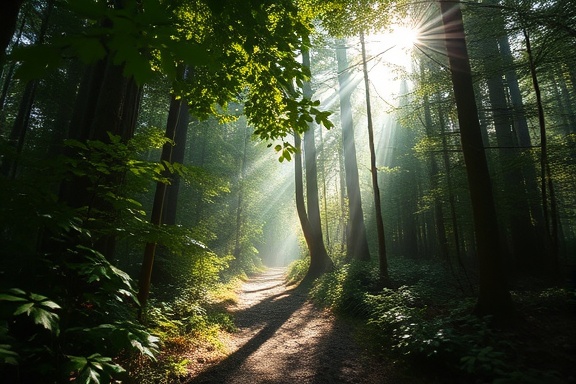 vision exploration, curious expression, discovering new paths, photorealistic, in a dense forest with shafts of light breaking through the canopy, highly detailed, rustling leaves and distant bird calls, rich greens and earthy browns, filtered morning light, shot with a 35mm lens.
