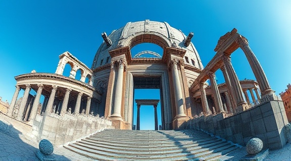 futuristic 360 construction, visionary, blending eras, photorealistic, juxtaposed with ancient ruins, highly detailed, with a clear blue sky, fusion style, metallic grays and blues, direct noon sunlight, shot with a 10mm ultra-wide lens.