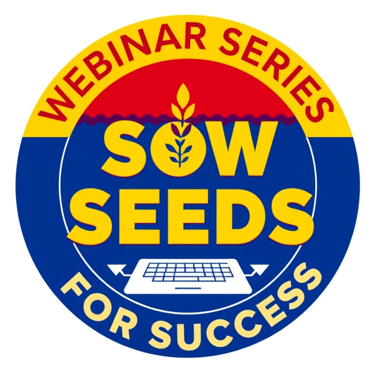 Circular logo with 'WEBINAR SERIES' and 'SOW SEEDS FOR SUCCESS' in bold colors.